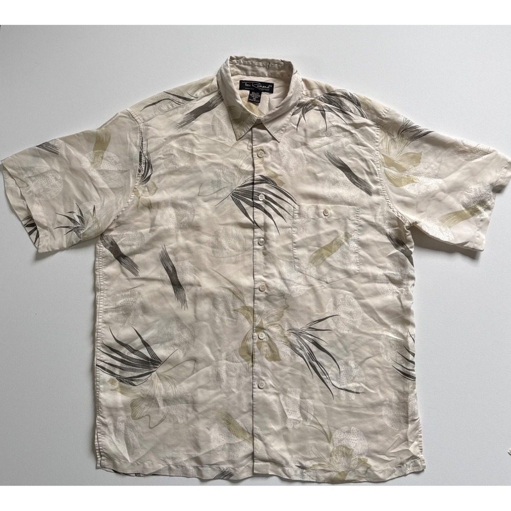 Tori Richard Mens XL Silk Tropical Jacquard Short Sleeve Button Up Shirt Cream